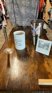 lot 59 image: Home Essentials Humorous Makeup Quote Ceramic Cup bracelet, holder, decorative picture, frame and drinking cup