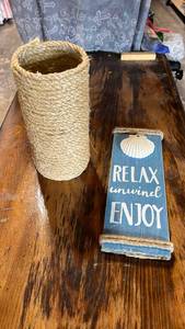 lot 63 image: Coastal Rope-Wrapped Glass Vase and Wooden Beach Sign Set