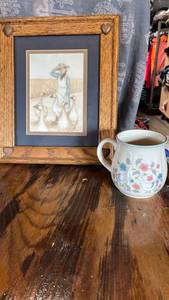 lot 67 image: Framed Girl with Geese Print and Floral Goose Ceramic Mug