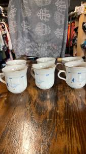 lot 69 image: Set of 6 White Ceramic Goose Mugs with Blue Ribbon Detail