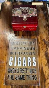 lot 70 image: My Father Cigars No. 6 Empty Wood Box with Cigars Metal Novelty Sign