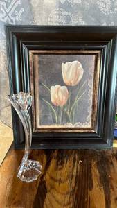 lot 77 image: Framed Tulip Print and heavy Crystal Flower Candleholder Set