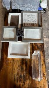 lot 80 image: Triangular Glass vase and together we make a beautiful family frame with picture frames