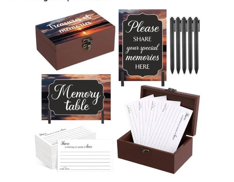 lot 37329 image: 112 Pcs Celebration of Life Memory Cards Set Share a Memory Cards with Box 2 Wood Sign with 4 Hold and 5 Pens, Sympathy Memorial Gifts Funeral Keepsake Decorations(Dusk) - Retail $20
