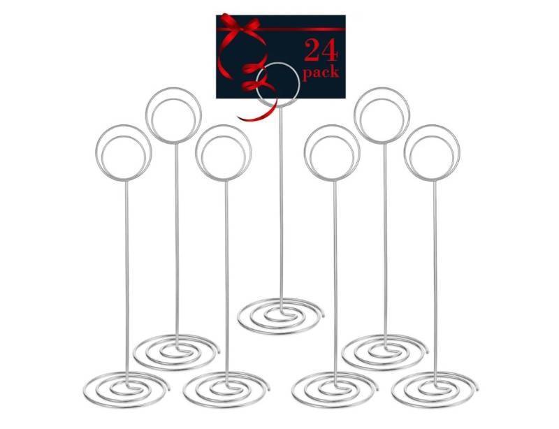 lot 37631 image: 24 Pack 8.86 Inch Table Number Holder Wire Photo Holder Picture Name Menu Clips Memo Note Cards Stand for Wedding Reception Anniversary Birthday Centerpieces(Silver) - Retail $24