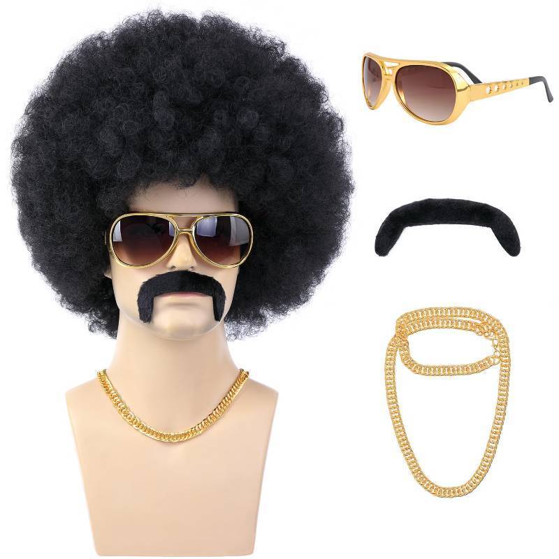 lot 37637 image: 70s Black Afro Wig for Men with Glasses Chain and Mustache Mens Short Black Curly Disco Costume Wigs 70s 80s Hippie Rocker Funny Cosplay Synthetic Wigs for Halloween Party - Retail $20