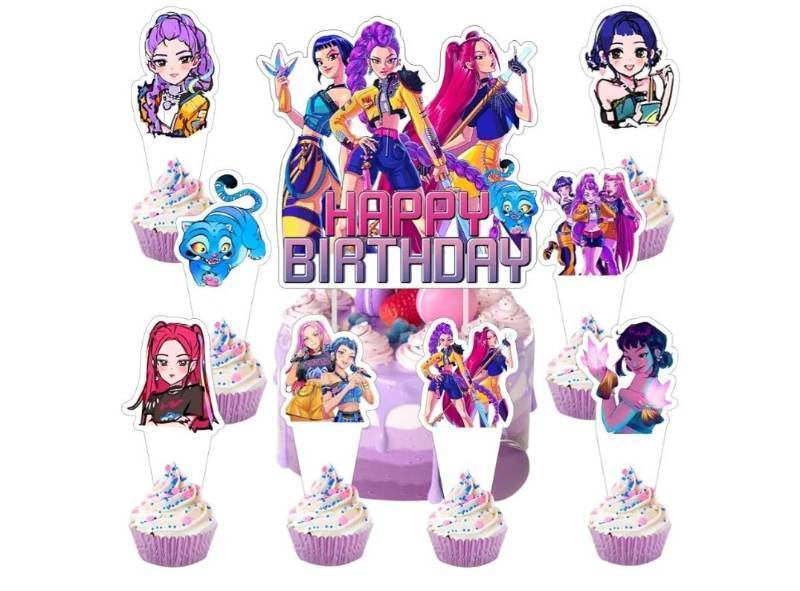 lot 37672 image: 24 pcs Demon Hunters Cake Decorations with 2pcs Cupcake Toppers, 1pcs Cake Topper for Demon Hunters Birthday Party Supplies Kids Birthday Decorations - Retail $10