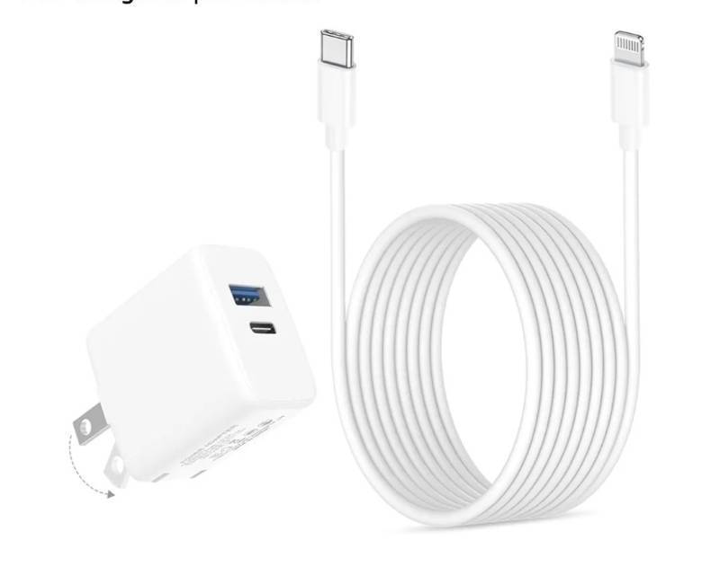 lot 37757 image: 20W Dual Port Fast Charger for iPad 9th 8th 7th 6th 5th Generation 10.2 inch, iPad Air 32, iPad mini 543, Foldable Wall Charger with 6.6ft USB-C to Lightning Fast Charging Cable - Retail $14