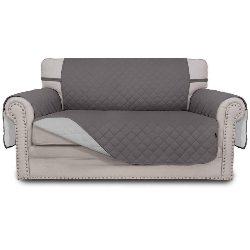 lot 37769 image: Easy-Going Reversible Loveseat Couch Cover for 2 Cushion Couch Sofa Cover for Dogs Water Resistant Furniture Protector with Foam Sticks Elastic Straps for Pet (Loveseat, GrayLight Gray) - Retail $27