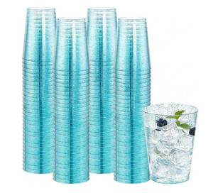 lot 46639 image: 100 Pack 10 oz Blue Plastic Cups Disposable Cups Tumblers, Elegant Blue Glitter Party Drinking Cup Perfect for Wedding, Fancy Disposable Cups Plastic Cocktail Glasses Wine Glasses - Retail $23