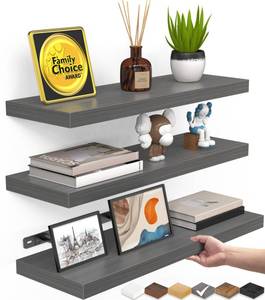 lot 46640 image: Grey Floating Shelves for Wall, Set of 3, Wall Mounted Rustic Wood Shelves for Bathroom, Bedroom, Living Room, Kitchen, Small Hanging Shelf for BooksStorageRoom Decor, 15.7in - Retail $47