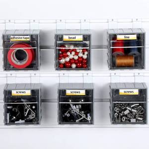 lot 46645 image: 6 Pack Slatwall Bins with Hooks Set Tilt out Bins Storage Cabinet Slatwall Tip out Bin with Labels Wall Mount Container Hanging Storage Organizer Accessories for Garage Work Room Panel Hardware. MISSING 2 BINS. - Retail $40