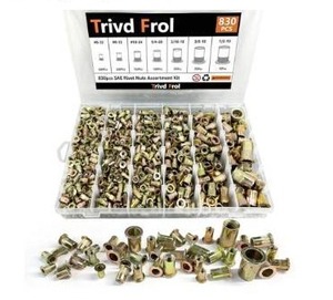lot 46662 image: Rivet Nut Tool Kit, 830pcs SAEMetric Rivet Nut Assortment Kit #6-32, #8-32, #10-24, 14-20, 516-18, 38-16, 12-13, w Galvanized Carbon Steel Flat Head Threaded Insert Nuts (SAE - 830pcs) COUNT UNONOWN. - Retail $33