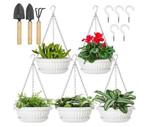 lot 46666 image: Hanging Planters, 5 Pcs 11 Hanging Pots, White Hanging Flower Pots, Hanging Plant Pots Baskets for Plants with Drainage Trays, Hanging Chains and Ceiling Hooks. - Retail $25