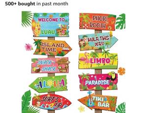 lot 46672 image: 20 Pieces Luau Party Decorations Hawaiian Party Welcome Sign Summer Tropical Party Direction Signs for Fiesta Hawaiian Luau Tiki Themed Birthday Wedding Party Supplies with 2 Sheet Stickers - Retail $10