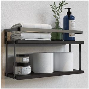lot 46674 image: Dual-Level Guardrail Floating Shelves, Rustic Wood Bathroom Shelf Wall Mounted, Over Toilet Paper Storage Shelves for Wall Decor, Bathroom Organizers - Black - Retail $25