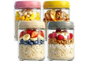 lot 46676 image: 16oz 4Pack Glass Overnight Oats Jars Containers with Airtight Leakproof Lids, Reusable Mason Jars for Meal Prep, Yogurt Parfaits, Smoothies, Salads & Healthy Breakfasts (16 OZ-4-2) - Retail $15