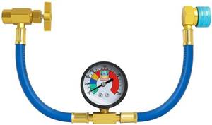 lot 46684 image: R1234YF Refrigerant Charge Hose Kit, R-1234YF AC Refrigerant Can Hose with Gauge, 12 ACME-LH Sealed Can Opener Tap and R1234YF Low Side Adapter - Retail $17