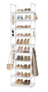 lot 46692 image: 10 Tiers Tall Shoe Rack Holds 20-25 Pairs of Shoes Sturdy Vertical Shoe Organizer with 18pcs Hooks Stackable Narrow Shoe Rack for Closet, Entryway White - Retail $25