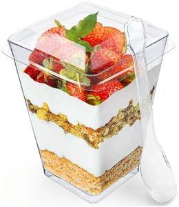 lot 46693 image: 100 Pack 5 oz Dessert Cups with Lids and Spoons �� Plastic Parfait Cups for Appetizer and Desserts be it, Mousse, Tiramisu, Pudding, or salads - Perfect for Parties - Retail $30