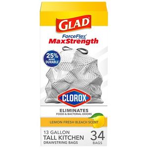 lot 46696 image: Glad 274824 13 gal Lemon Fresh Bleach Scent Odor Shield Trash Bag - 34 Count - Retail $15