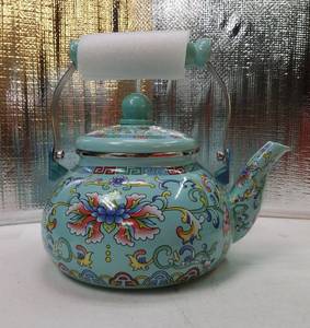 lot 46703 image: 2.6 Quart Floral Enamel Tea Kettle, Vintage Enameled Teapot Stovetop, Enamel on Steel Water Coffee Tea Pot with Ceramic Handle, Colorful Hot Water Kettle for Home Kitchen Decor, No Whistling - Retail $23