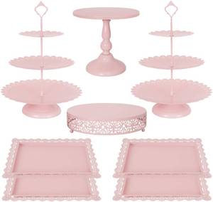 lot 46709 image: 8 Pcs Cake Stand Pink Metal Dessert Table Display Set, 3-Tier Cupcake Stand, Cake Display Tower and Cookie Tray Rack Serving Tray for Birthday Party, Weddings, Baby Shower (Pink) - Retail $55