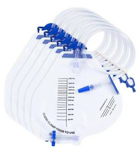 lot 46724 image: 5 Pack Sterile Urinary Drainage Bag,2000mL Overnight Bedside Disposable Urine Bags with Anti-Reflux Valve, 48 Tube Drainage. - Retail $27
