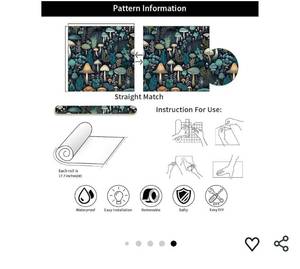 lot 46742 image: GreenBlueWhite Mystic Vintage Mushroom Forest Plants Peel and Stick Wallpaper Stick on Contact Paper wall Paper Easy Peel Off for nightstand Drawer Cabinet Renter SOME DAMAGE - Retail $20