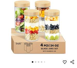 lot 46749 image: 24 Oz Overnight Oats Containers with Bamboo Lids - 4 Pack Glass Storage Jars with Airtight Lids Wide Mouth Mason Food Jars Great for Meal Prep Salad Chia Pudding Snacks Yogurt Sugar Spice - Retail $22