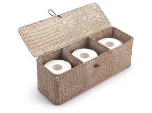 lot 46758 image: Whitewash Seagrass Tank Basket with Lid Woven Toilet Roll Storage Basket with Sections Rectangular for Organize Snack Toys (Large Compartment 16.5inch L x 5.5inch W x 5.5inch H) - Retail $25
