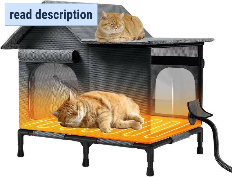 lot 442056 image: Heated Cat House for Outside, Weatherproof Outdoor Cat House with Safe Escape Door, Insulated & Elevated Warm Cat Shelter for Feral Cat Multiple Stray Kitty (23.6x16.5x19.7)