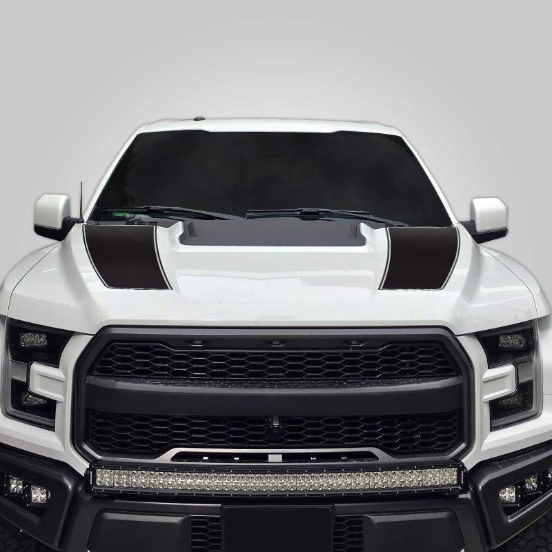 lot 331247 image: Hood Racing Stripe Graphics kit Vinyl Decal Wrap Compatible with Ford F-150 Raptor 2017-2021 - Matte Black