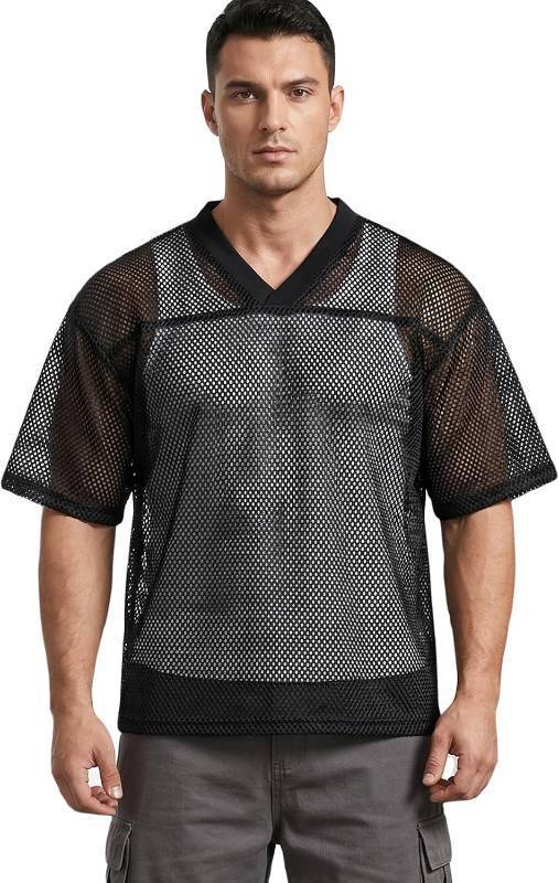 lot 421485 image: Mens Mesh T Shirt Oversized Boxy Fit Streetwear Tee, Breathable Open Mesh Jersey with Ribbed V-Neck