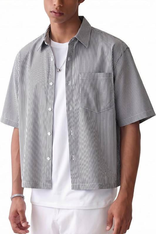 lot 421487 image: Vamtac Mens Button Down Shirts - Short Sleeve Cropped Shirt, Striped Summer Tops