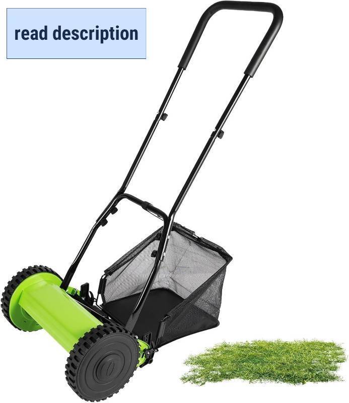 lot 471446 image: 12inch Manual Push Lawn Mower 5-Blade Cordless Push Reel Lawn Mower with Grass Catcher Adjustable Cutting Height Walk-Behind Lawn Sweeper for Yard, Garden Park Landscaping