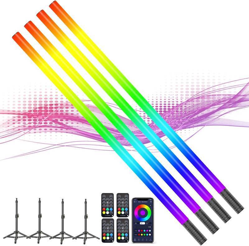 lot 161425 image: 4 Pack RGB Tube Light with Tripod, Battery Powered 18W 4ft LED Video Light, Portable Handheld Color Neon Lights Bar for Photography Studio DJ Dance Photo Booth Lighting Party Lights Stick