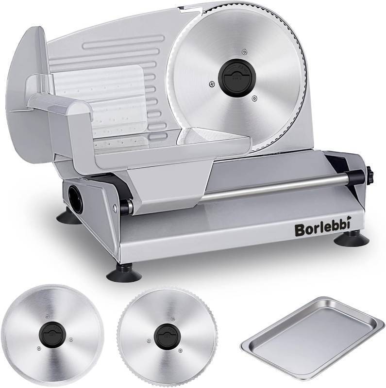 lot 351686 image: Meat Slicer, 200W Electric Food Slicer with 2 Removable 7.5 Stainless Steel Blades and Stainless Steel Tray, Child Lock Protection, Adjustable Thickness, Food Slicer Machine for Meat Cheese Bread