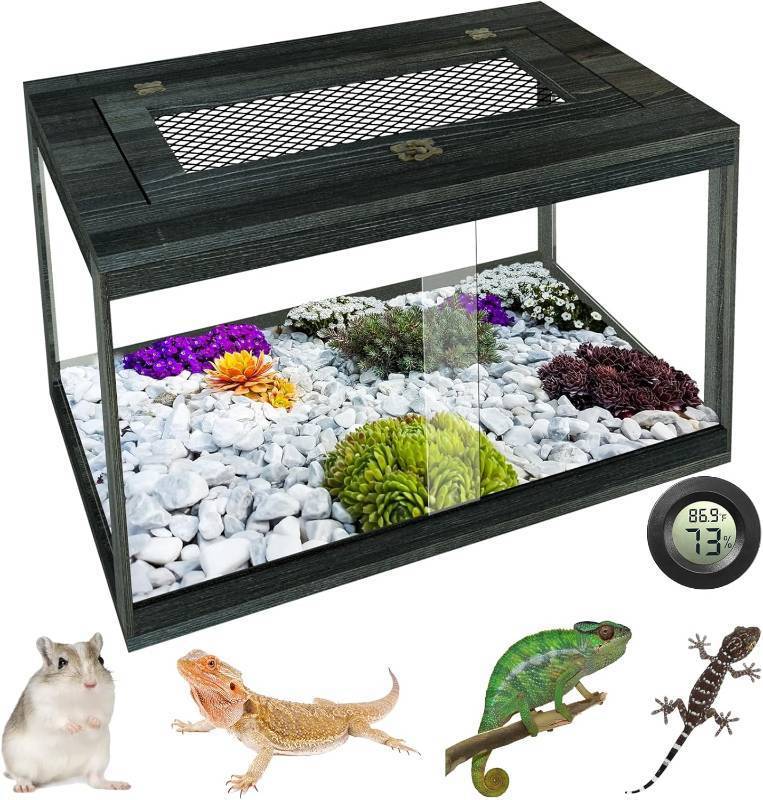 lot 351726 image: Reptile Terrarium Tank 28 Gallon, Snake Enclosure, Lizard, Leopard Gecko Tank with Openable Metal Mesh, Lockable Bearded Dragon Tank, Front Opening Reptile Cage (Black Gray, 24 x 16 x 16)