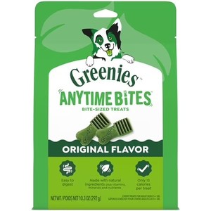 lot 3274 image: Greenies Anytime Bites Original Flavor Bite-Size Dental Chew Treats for Dogs, 10.3 oz Pouch. BB JUNE 24