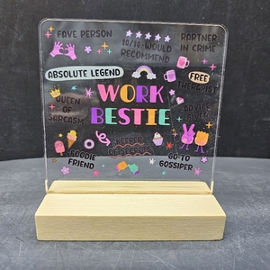 lot 3319 image: Work Bestie Gifts for Women Coworkers - Funny Birthday Office Friendship Gifts for Work Besties Colleagues - Office Friends Acrylic Desk Sign Decor 4 X 4 Inch