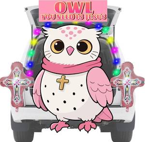 lot 3352 image: Halloween Religious Trunk Or Treat Car Decorations Kit, Owl Religious Themed Banner with Cross Balloons for Suv Church Archway Garage Door Halloween decorations