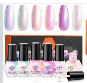 lot 3369 image: modelones Nail Polish Set, 6 Colors Shimmer Pearl Chrome White Pink Mermaid Purple Quick Dry Nail Polish Kit Fingernail Polish Manicure DIY Salon Home Gifts for Women Girl