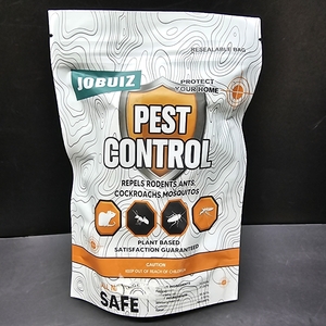 lot 3384 image: JOBUIZ Pest Control pouch is designed to repel rodents, ants, cockroaches, and mosquitoes.It utilizes plant-based ingredients, listing peppermint oil (31.0%), citronella oil (31.0%), and wintergreen oil (35.5%) as active components.The product is marketed