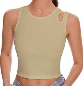 lot 3391 image: Womens Sleeveless Ribbed Tank Top Asymmetrical Shoulder Scoop Neck Casual Basic Fitted Crop Top. Apricot Small