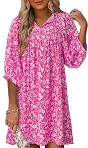 lot 3397 image: Dokotoo Womens Summer Dresses 2025 Boho Floral Drawstring V Neck Chiffon Lantern Sleeve Beach Vacation Mini Dress Sundress. Rose Small