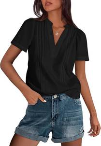 lot 3408 image: PRETTYGARDEN Womens Summer Tops Casual Short Sleeve V Neck Cotton Shirts Dressy Pleated Basic Tunic Work Blouses. Black Small