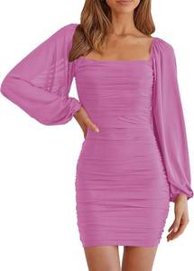 lot 3413 image: MEROKEETY Women Square Neck Lantern Long Sleeve Mesh Ruched Bodycon Clubwear Mini Dress Small