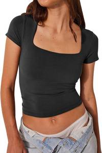 lot 3414 image: Womens Square Neck Short Sleeve Crop Tops Double Layer Tight T Shirts Cropped Basic Tee. Black XL