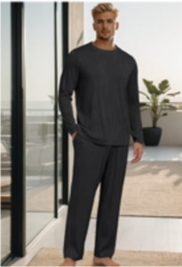 lot 3417 image: PrinStory Mens Pajama Set Soft Long Sleeve Shirts and Pants Mens Pjs Loungewear Black Small